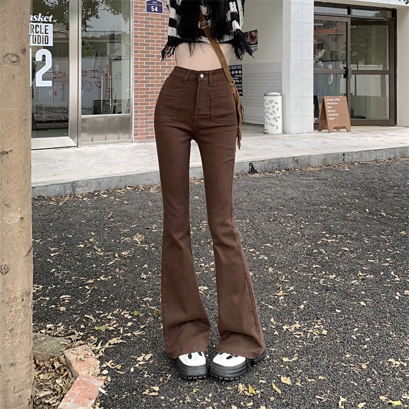 Jeans dama cafeniu cu talie înaltă, croială evazată, lungime până la podea, sezon toamnă-iarnă 2023, croială slim