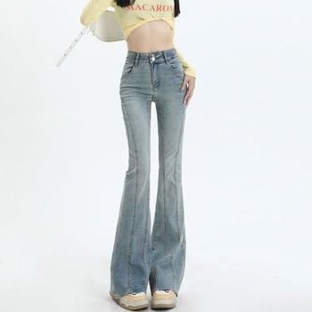 Pantaloni din denim stretch pentru femei, evazați, talie înaltă, panouri îmbinate și închidere cu două nasturi, stil retro