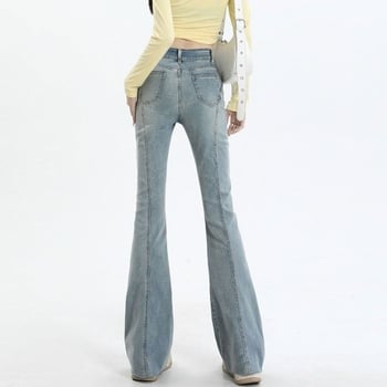 Pantaloni din denim stretch pentru femei, evazați, talie înaltă, panouri îmbinate și închidere cu două nasturi, stil retro