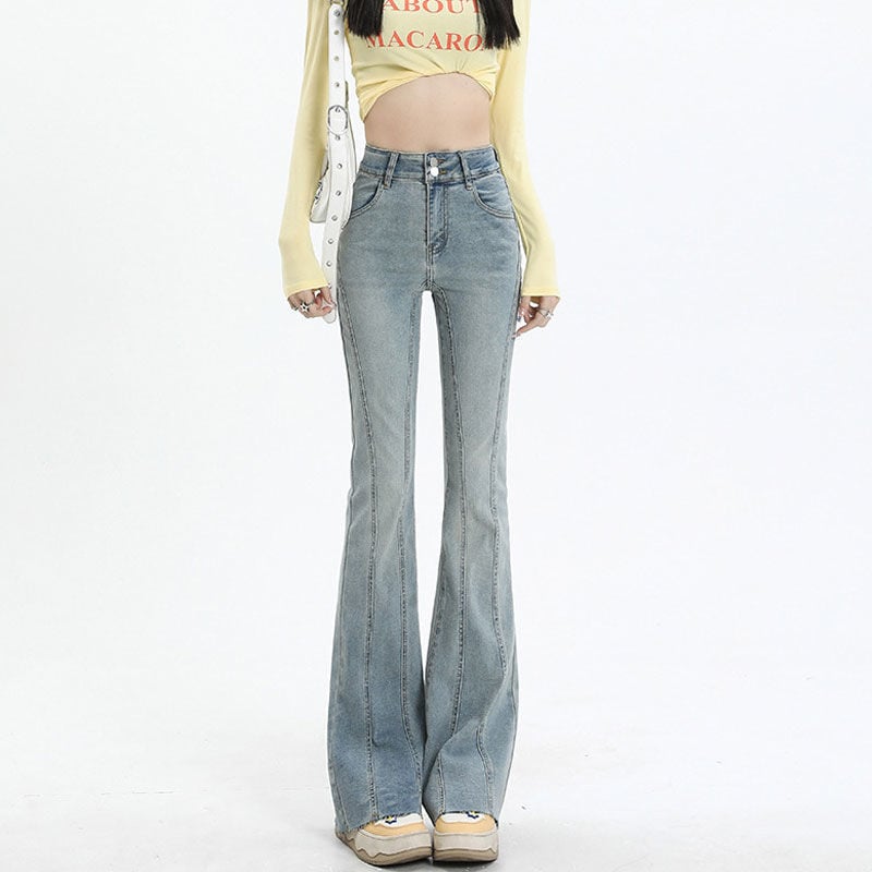 Pantaloni din denim stretch pentru femei, evazați, talie înaltă, panouri îmbinate și închidere cu două nasturi, stil retro