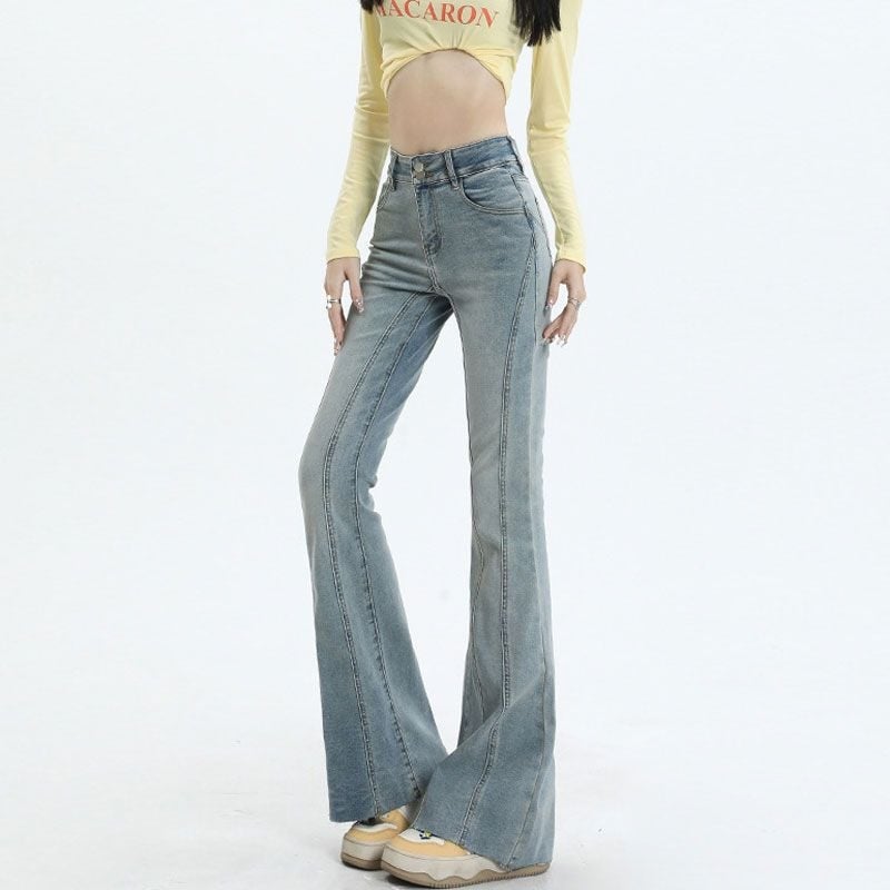 Pantaloni din denim stretch pentru femei, evazați, talie înaltă, panouri îmbinate și închidere cu două nasturi, stil retro