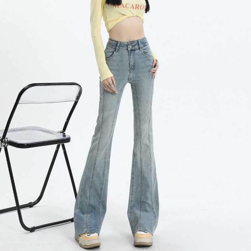 Pantaloni din denim stretch pentru femei, evazați, talie înaltă, panouri îmbinate și închidere cu două nasturi, stil retro