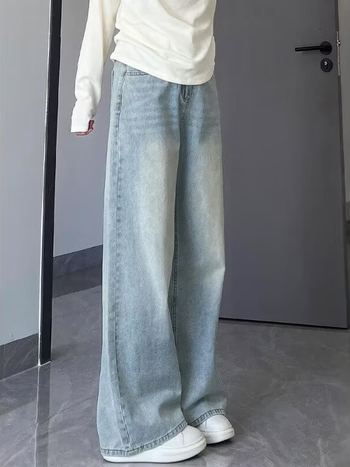 Blugi dama drepți, culoare deschisă, toamnă, mărime mare, croială lejeră, pantaloni denim largi