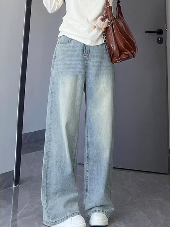 Blugi dama drepți, culoare deschisă, toamnă, mărime mare, croială lejeră, pantaloni denim largi