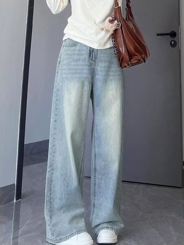 Blugi dama drepți, culoare deschisă, toamnă, mărime mare, croială lejeră, pantaloni denim largi