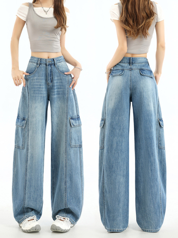Pantaloni damă din denim, largi, cu patchwork și buzunare multiple, stil workwear, talie înaltă, croială lejeră, lungime până la podea, retro, pentru primăvară-toamnă
