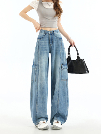 Pantaloni damă din denim, largi, cu patchwork și buzunare multiple, stil workwear, talie înaltă, croială lejeră, lungime până la podea, retro, pentru primăvară-toamnă