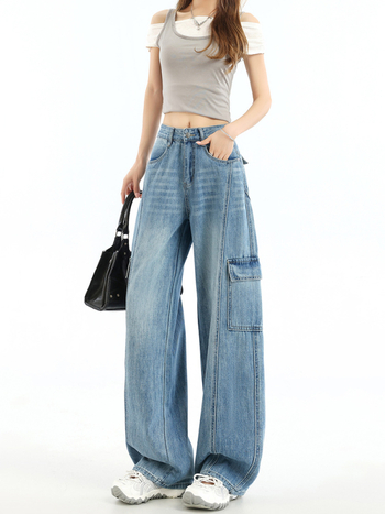 Pantaloni damă din denim, largi, cu patchwork și buzunare multiple, stil workwear, talie înaltă, croială lejeră, lungime până la podea, retro, pentru primăvară-toamnă