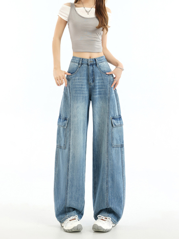 Pantaloni damă din denim, largi, cu patchwork și buzunare multiple, stil workwear, talie înaltă, croială lejeră, lungime până la podea, retro, pentru primăvară-toamnă