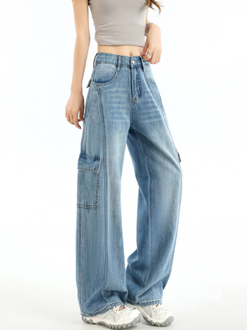 Pantaloni damă din denim, largi, cu patchwork și buzunare multiple, stil workwear, talie înaltă, croială lejeră, lungime până la podea, retro, pentru primăvară-toamnă
