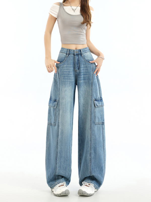 Pantaloni damă din denim, largi, cu patchwork și buzunare multiple, stil workwear, talie înaltă, croială lejeră, lungime până la podea, retro, pentru primăvară-toamnă