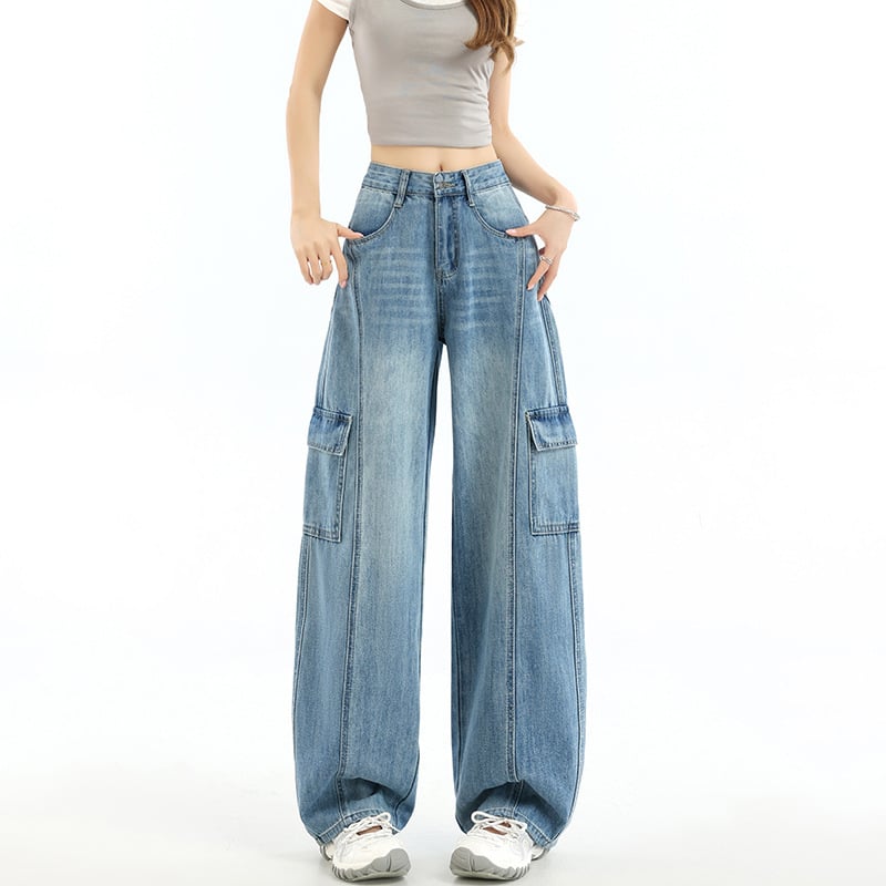 Pantaloni damă din denim, largi, cu patchwork și buzunare multiple, stil workwear, talie înaltă, croială lejeră, lungime până la podea, retro, pentru primăvară-toamnă