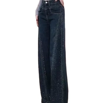 Jeans din denim bleumarin cu cristale, talie înaltă, croială largă, pentru femei, primăvara 2026