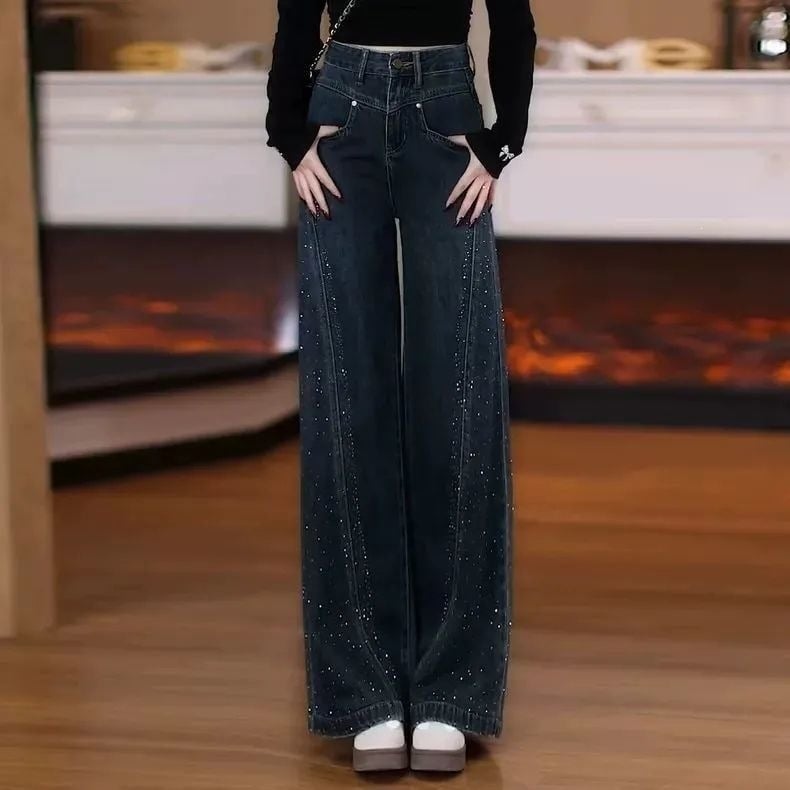 Jeans din denim bleumarin cu cristale, talie înaltă, croială largă, pentru femei, primăvara 2026