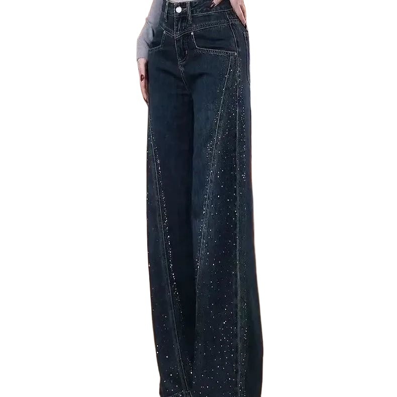Jeans din denim bleumarin cu cristale, talie înaltă, croială largă, pentru femei, primăvara 2026