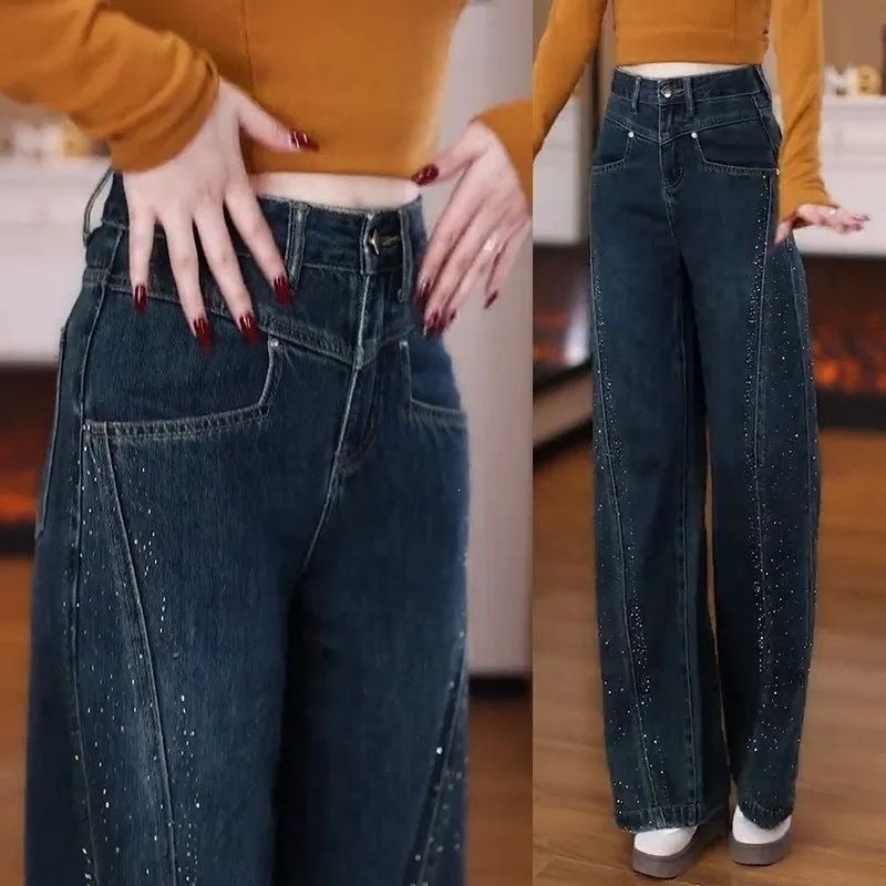 Jeans din denim bleumarin cu cristale, talie înaltă, croială largă, pentru femei, primăvara 2026