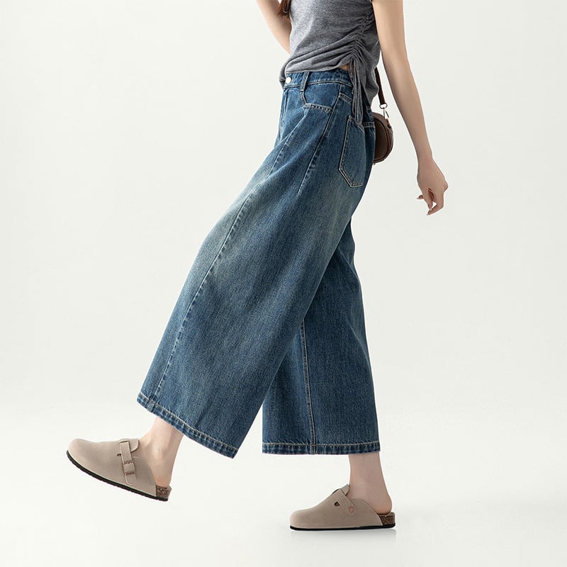 Jeans denim cu talie înaltă, croială cocoon și wide pentru femei, primăvara 2026, croi drept, lungime petite