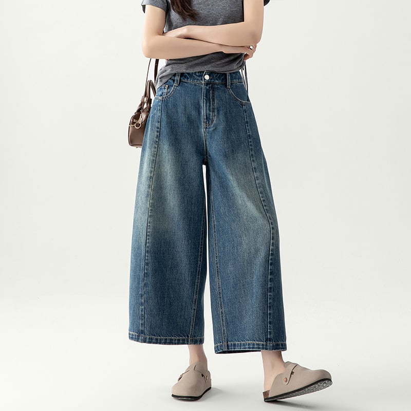 Jeans denim cu talie înaltă, croială cocoon și wide pentru femei, primăvara 2026, croi drept, lungime petite