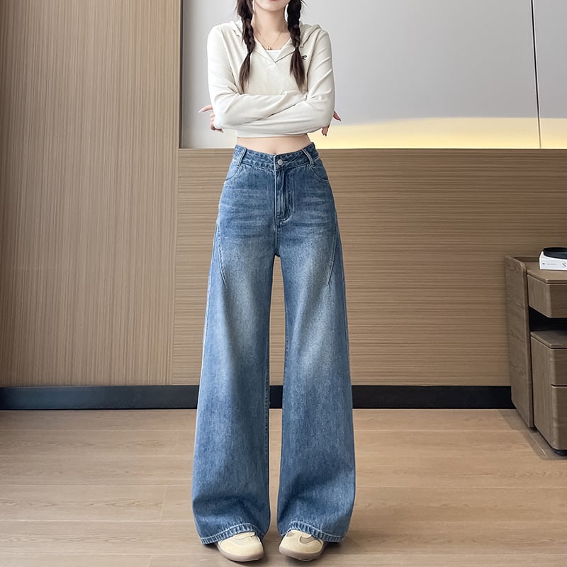 Jeansi din denim pentru femei, mărime mică, talie înaltă, croială strânsă, picior curbat și wide, croială dreaptă