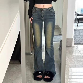 Jean albastru închis vintage, talie înaltă, denim spălat, bootcut pentru femei, primăvară și toamnă, croială slim, elastice