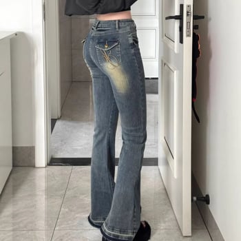 Jean albastru închis vintage, talie înaltă, denim spălat, bootcut pentru femei, primăvară și toamnă, croială slim, elastice