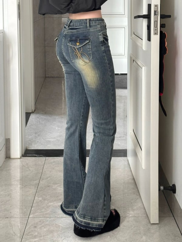 Jean albastru închis vintage, talie înaltă, denim spălat, bootcut pentru femei, primăvară și toamnă, croială slim, elastice