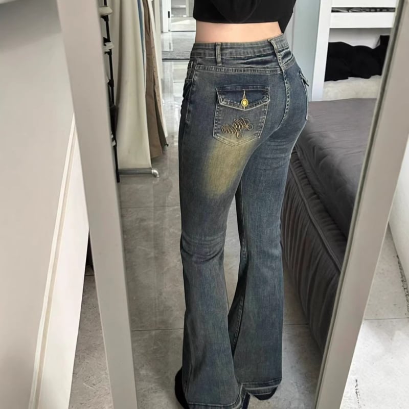 Jean albastru închis vintage, talie înaltă, denim spălat, bootcut pentru femei, primăvară și toamnă, croială slim, elastice