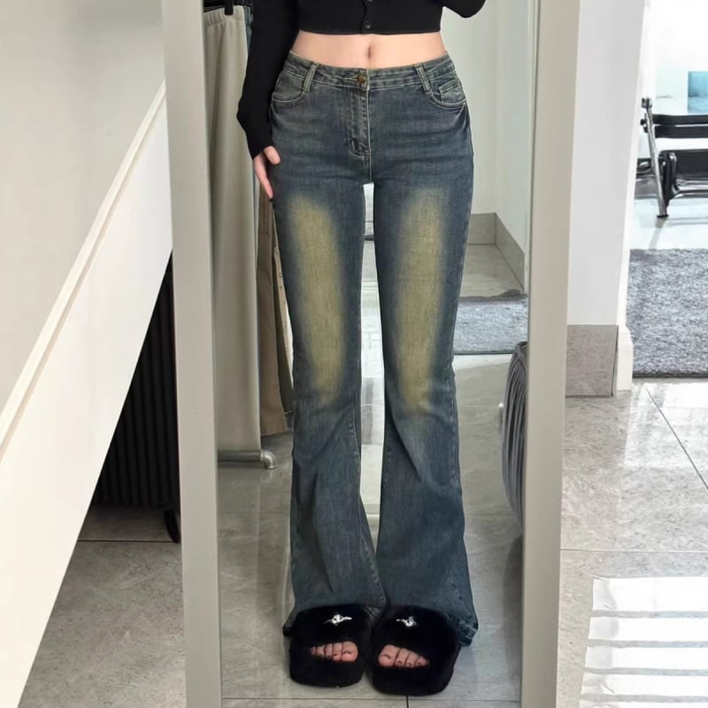 Jean albastru închis vintage, talie înaltă, denim spălat, bootcut pentru femei, primăvară și toamnă, croială slim, elastice
