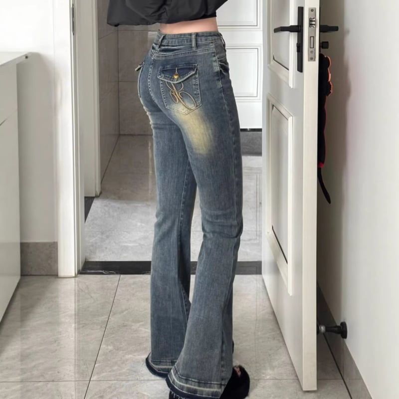 Jean albastru închis vintage, talie înaltă, denim spălat, bootcut pentru femei, primăvară și toamnă, croială slim, elastice