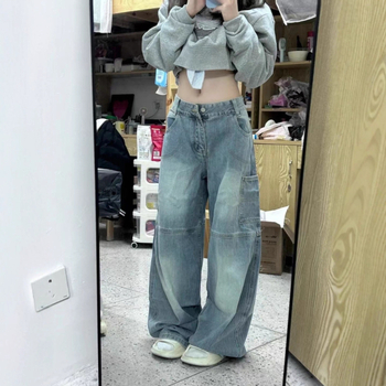 Jeans dama cu imprimeu cu litere, stil American high-street, croi lejer boyfriend, lungime până la podea, pantaloni casual primăvară-toamnă