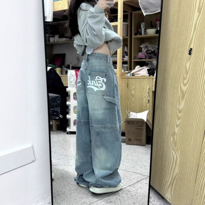 Jeans dama cu imprimeu cu litere, stil American high-street, croi lejer boyfriend, lungime până la podea, pantaloni casual primăvară-toamnă