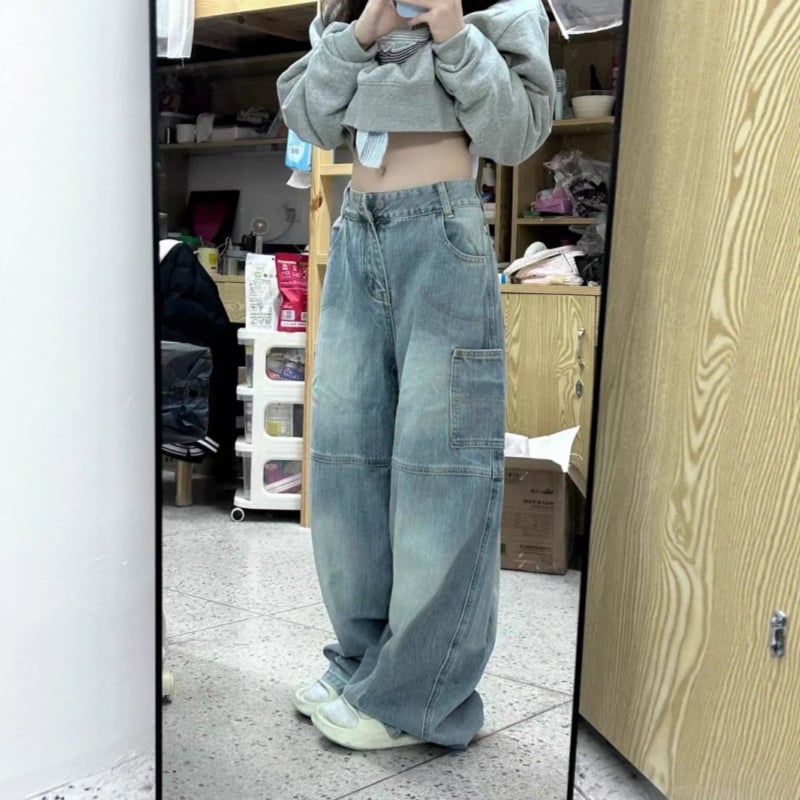 Jeans dama cu imprimeu cu litere, stil American high-street, croi lejer boyfriend, lungime până la podea, pantaloni casual primăvară-toamnă