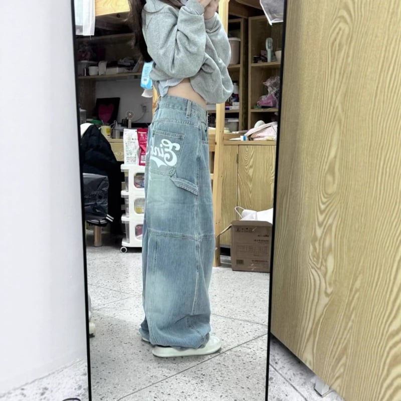 Jeans dama cu imprimeu cu litere, stil American high-street, croi lejer boyfriend, lungime până la podea, pantaloni casual primăvară-toamnă
