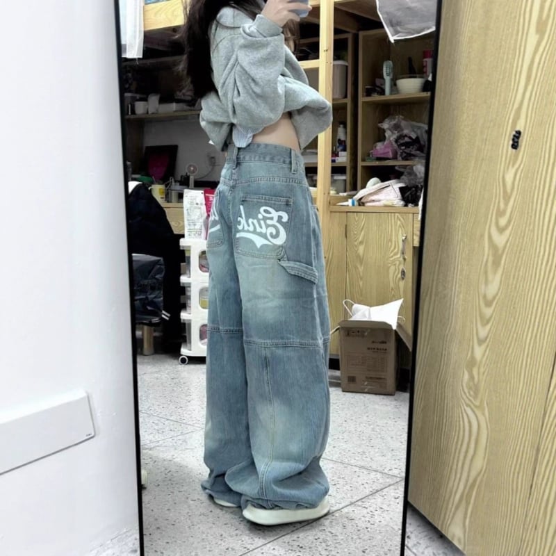 Jeans dama cu imprimeu cu litere, stil American high-street, croi lejer boyfriend, lungime până la podea, pantaloni casual primăvară-toamnă