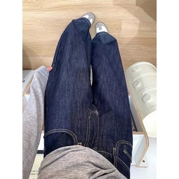 Pantaloni din denim largi, talie înaltă, lungime până la podea, albastru închis, cu detalii de uzură