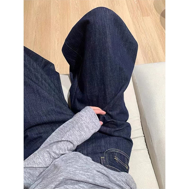 Pantaloni din denim largi, talie înaltă, lungime până la podea, albastru închis, cu detalii de uzură