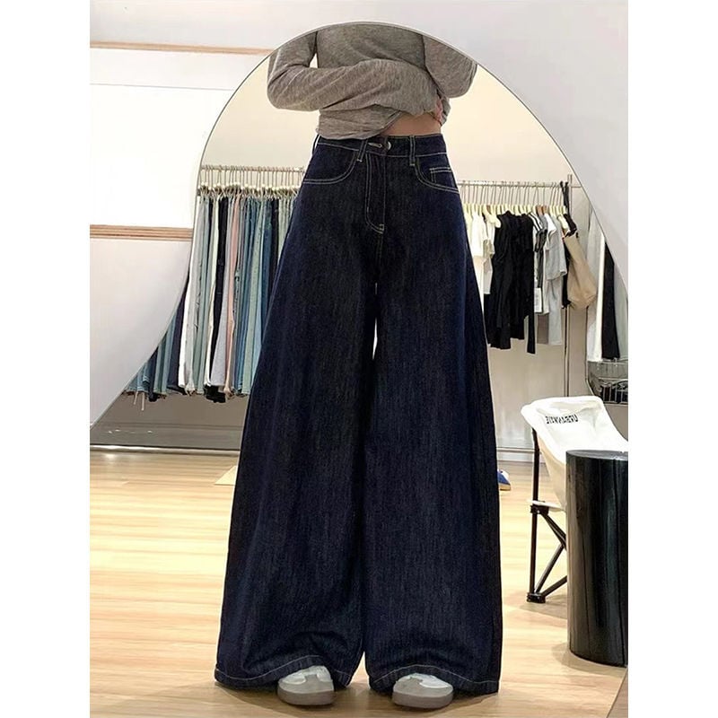 Pantaloni din denim largi, talie înaltă, lungime până la podea, albastru închis, cu detalii de uzură