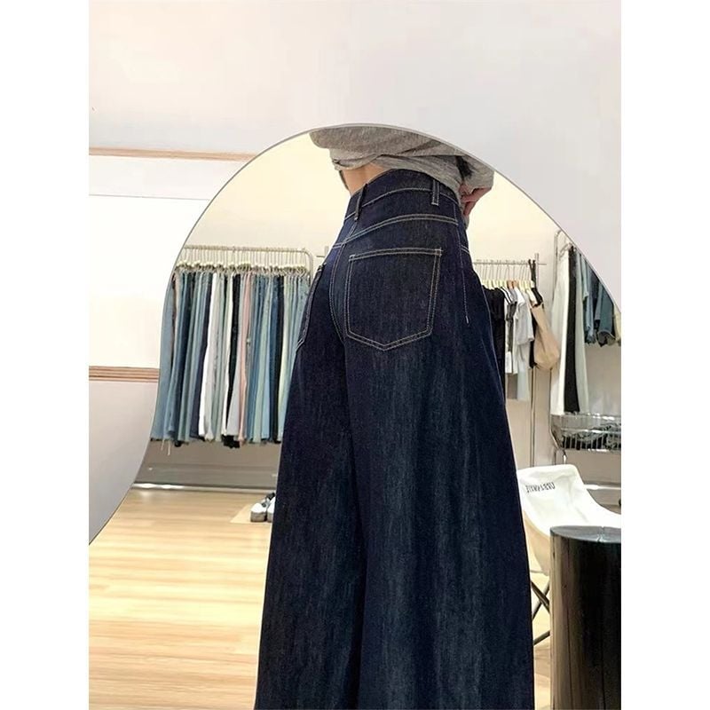 Pantaloni din denim largi, talie înaltă, lungime până la podea, albastru închis, cu detalii de uzură