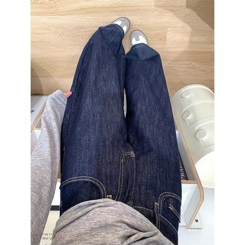 Pantaloni din denim largi, talie înaltă, lungime până la podea, albastru închis, cu detalii de uzură