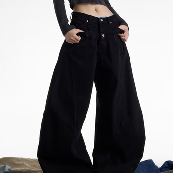 Jeansi dama în stil american retro, talie dublă, spălați, croială largă, siluetă drapată și croială dreaptă