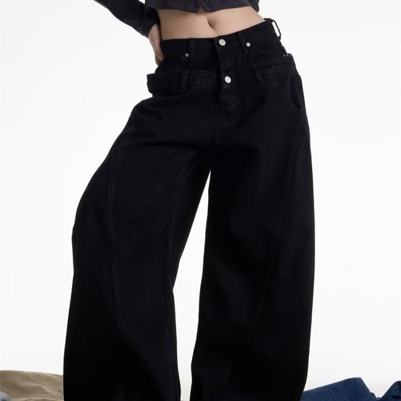 Jeansi dama în stil american retro, talie dublă, spălați, croială largă, siluetă drapată și croială dreaptă