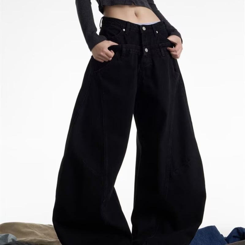 Jeansi dama în stil american retro, talie dublă, spălați, croială largă, siluetă drapată și croială dreaptă