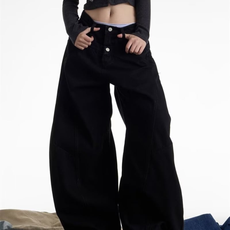 Jeansi dama în stil american retro, talie dublă, spălați, croială largă, siluetă drapată și croială dreaptă