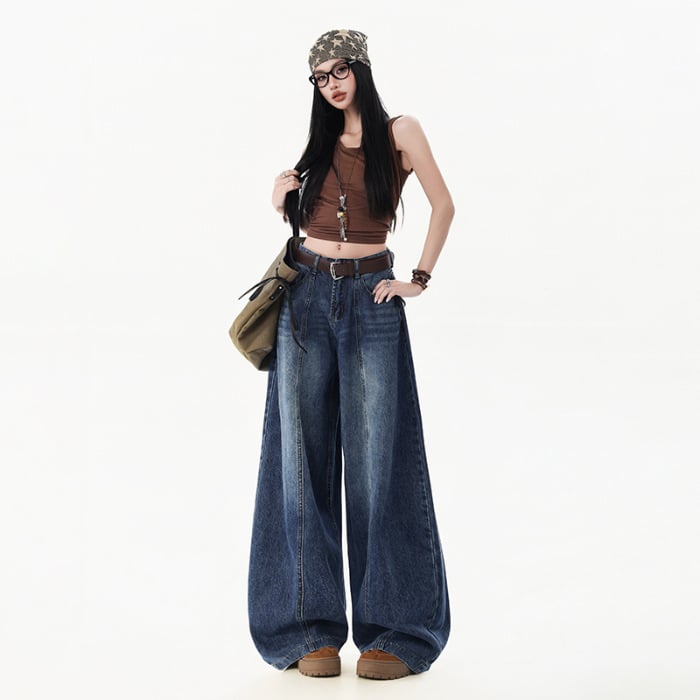 Jeansi din denim pentru femei, croială wide-leg, talie înaltă, mărime petite, primăvara 2026