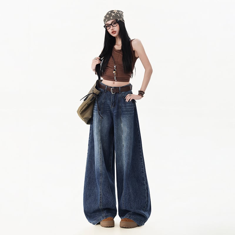 Jeansi din denim pentru femei, croială wide-leg, talie înaltă, mărime petite, primăvara 2026