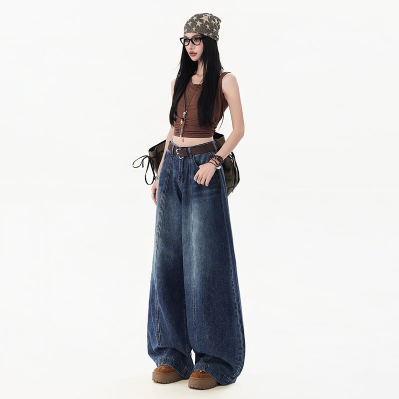 Jeansi din denim pentru femei, croială wide-leg, talie înaltă, mărime petite, primăvara 2026