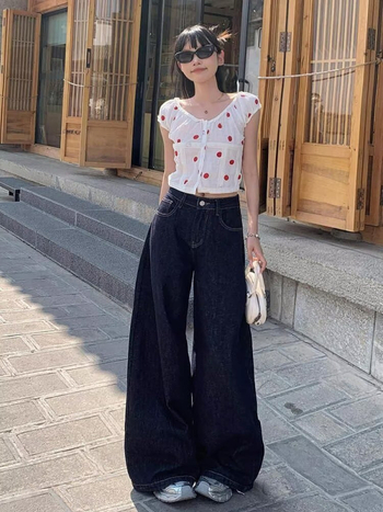 Pantaloni din denim albastru închis pentru femei, talie înaltă, croială largă, stil retro toamnă-iarnă 2024, lungime până la podea