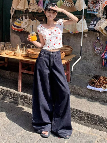 Pantaloni din denim albastru închis pentru femei, talie înaltă, croială largă, stil retro toamnă-iarnă 2024, lungime până la podea