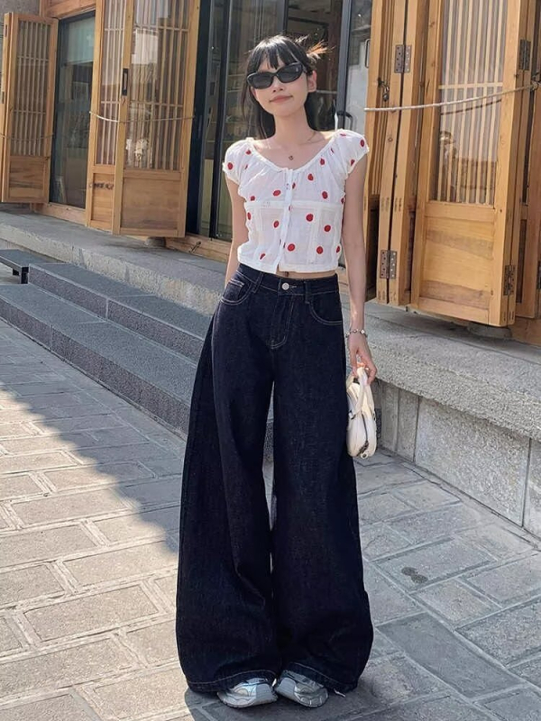 Pantaloni din denim albastru închis pentru femei, talie înaltă, croială largă, stil retro toamnă-iarnă 2024, lungime până la podea