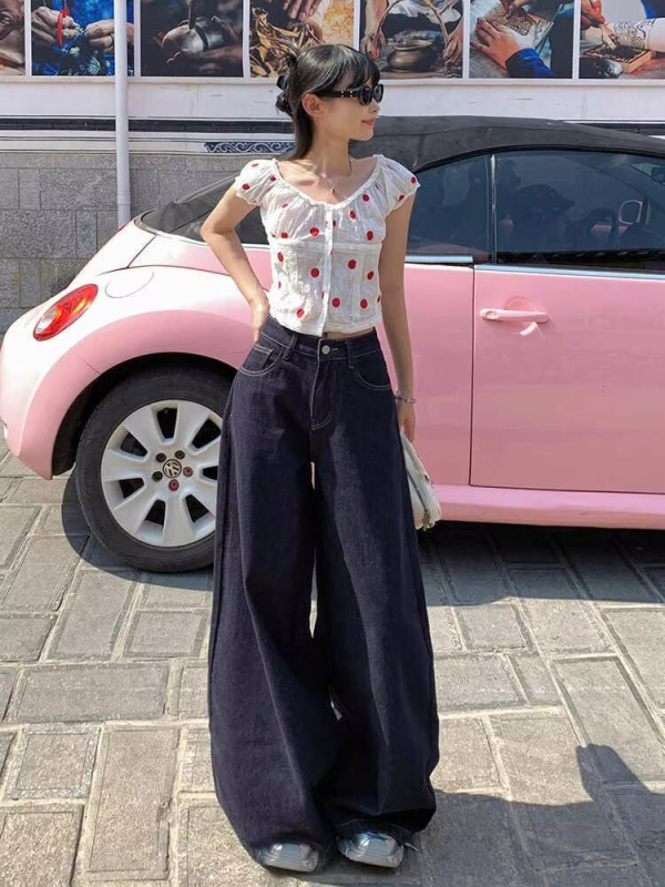 Pantaloni din denim albastru închis pentru femei, talie înaltă, croială largă, stil retro toamnă-iarnă 2024, lungime până la podea
